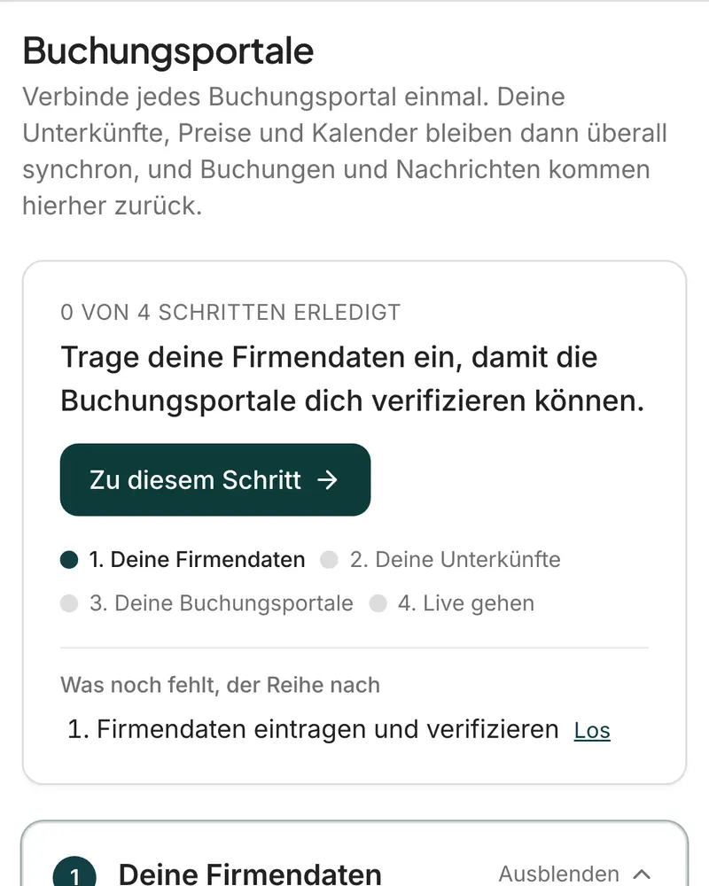 Die Einrichtung der Buchungsportale: vier Schritte, zwei davon erledigt, der Rest der Reihe nach aufgelistet