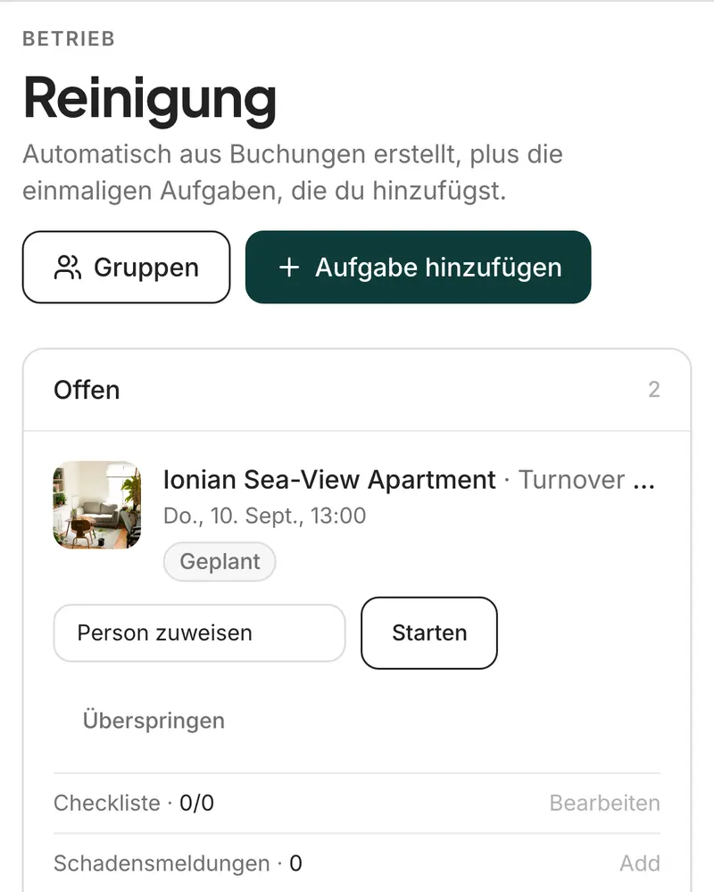 Die Reinigungsaufgaben dieser Woche, eine pro Check-out, mit der nächsten Anreise