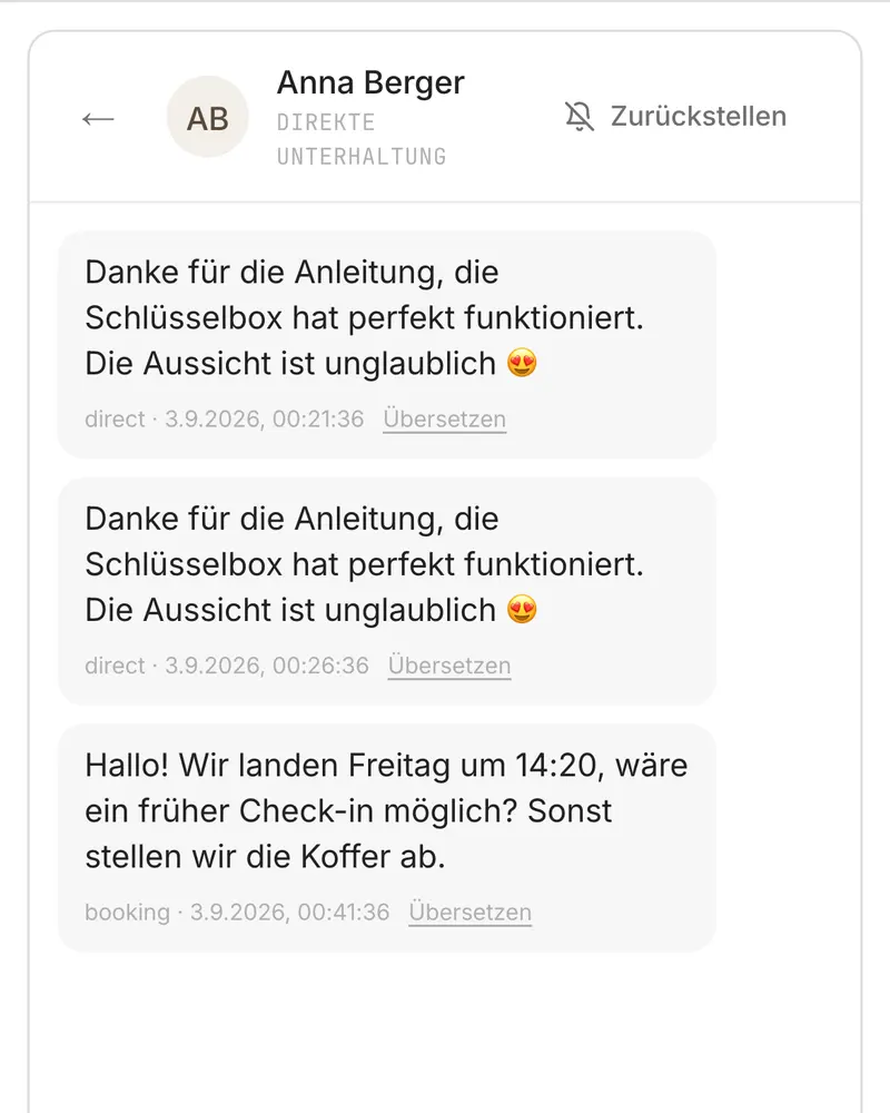 Der Posteingang: ein Gästeverlauf mit den Buchungsdetails daneben