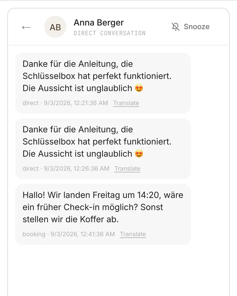 The inbox: one guest thread with the booking details alongside