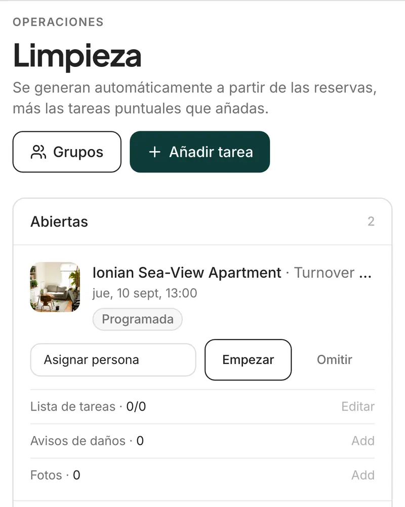 Las tareas de limpieza de esta semana, una por salida, con la próxima llegada en cada una