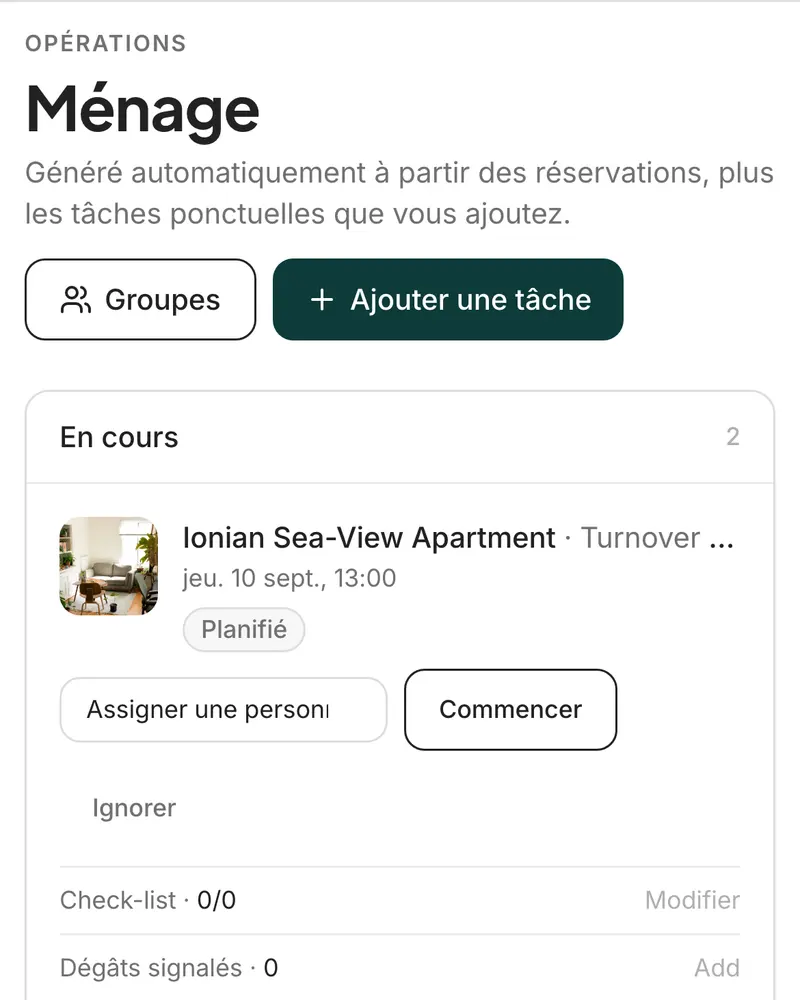 Les tâches de ménage de la semaine, une par départ, avec la prochaine arrivée sur chacune