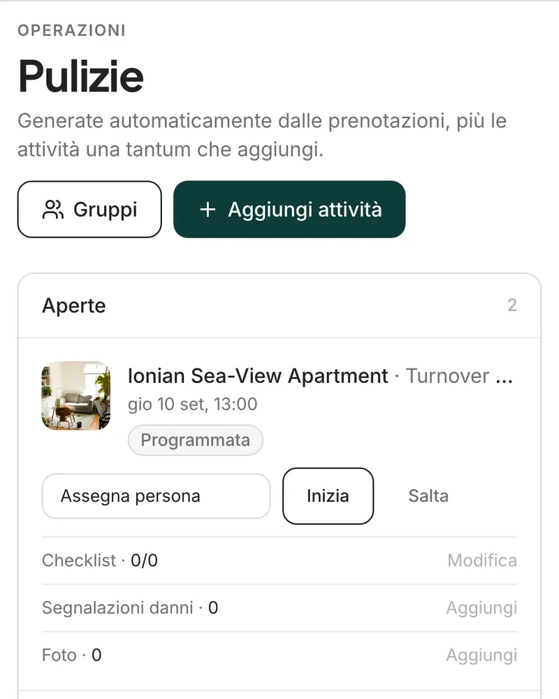 Le pulizie di questa settimana, una per check-out, con il prossimo arrivo su ciascuna