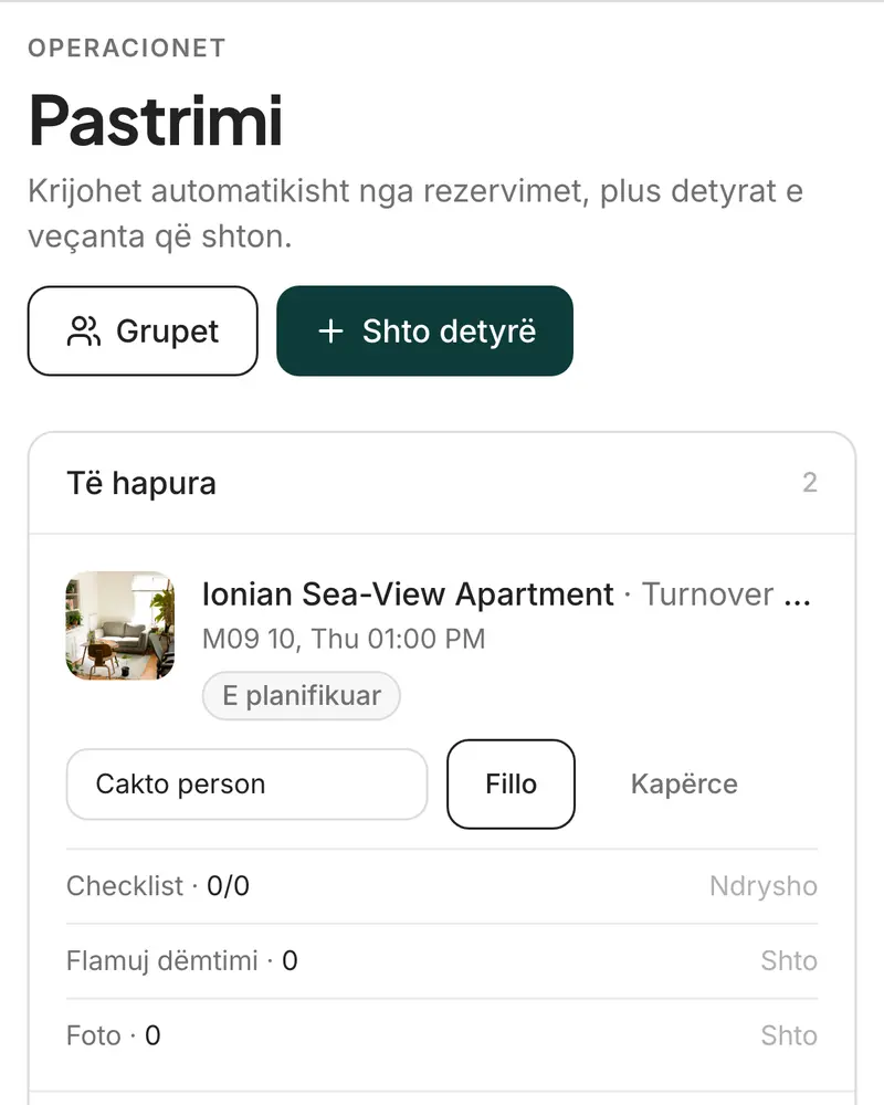 Detyrat e pastrimit të kësaj jave, një për çdo check-out, me mbërritjen e ardhshme në secilën