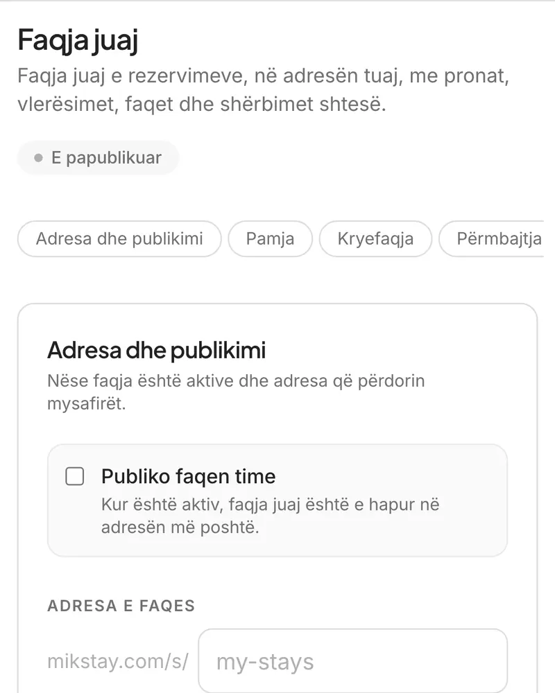 Faqja e rezervimeve e një pritësi me markën e vet